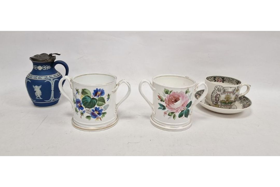 Pair of 19th century English porcelain two-handled motto loving cups, each painted with flowers, - Image 1 of 5