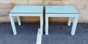 Pair of mid-century French coffee tables with green painted canvas covering 66 cm h. x 49 deep (2)