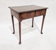 Oak side table with two drawers, drop handles, on straight supports and spade feet, H. 70.5 x W.