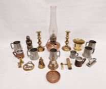 Quantity metalware to include brass candlesticks, brass bells, mortar, pewter and other items (1
