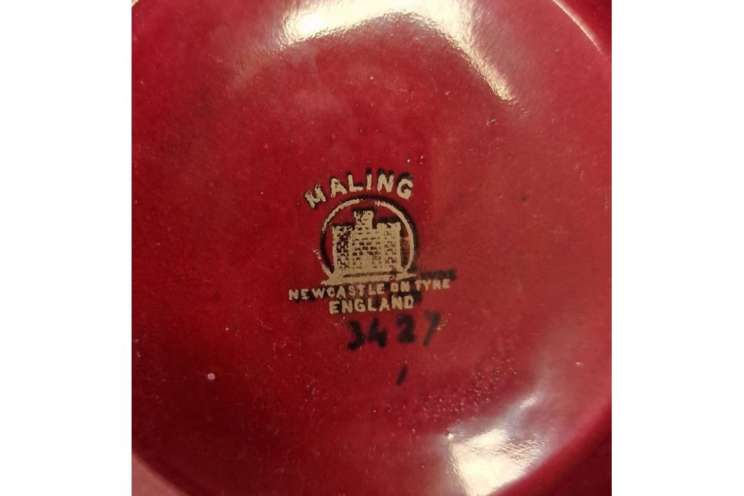 Group of Art Deco lustred pottery bowls and vases comprising a Maling ruby red lustre waisted - Image 4 of 6