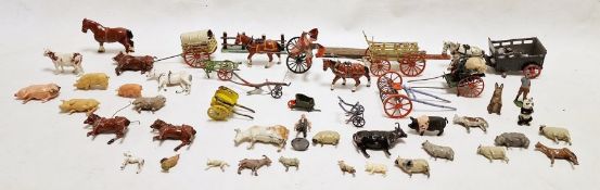 Britains horse and cart, various carts and a quantity of Britains and other model animals (2 boxes)