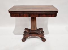 19th century rosewood D-end tea table on square column, quatreform base, on claw and ball feet ,