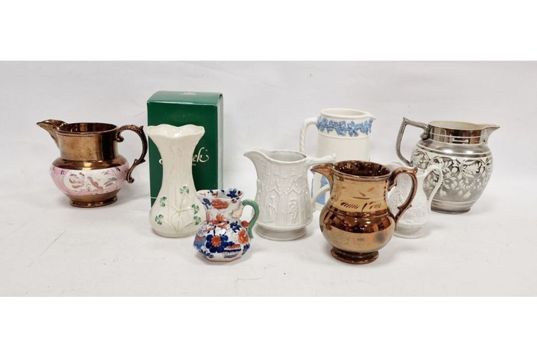 Assorted English pottery jugs, early 19th century and later including a silver Sunderland lustre - Image 1 of 10