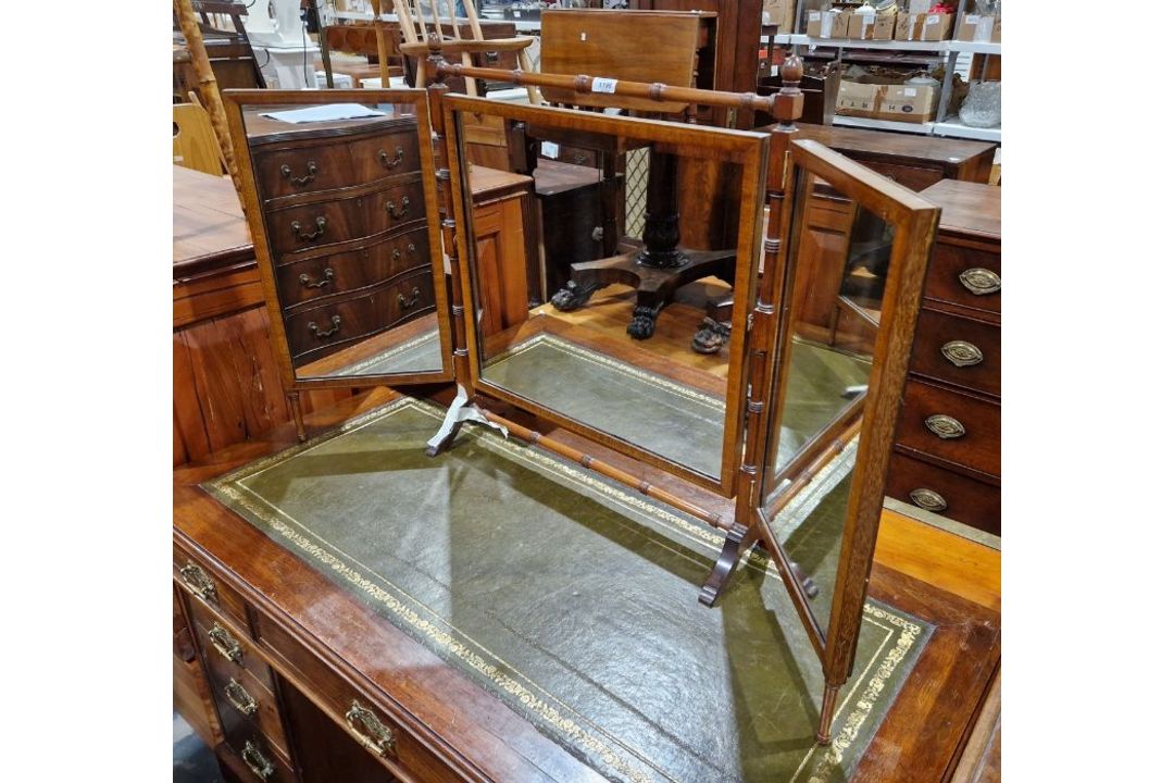 Edwardian mahogany inlaid three-fold dressing mirror, 63 cms h x116cm wide approx.