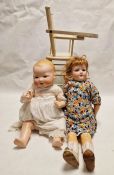 Armand Marseille 390A 6.5M child doll, another and a doll's white painted high chair (3)