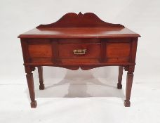 Mahogany sideboard having shaped raised back, single frieze drawer, flanked by pair panels, shaped