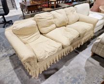 1920s yellow upholstered three-seater settee on later tapering block feetCondition