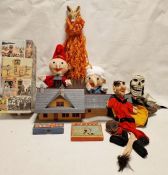 Quantity of puppet accessories, boxed games, model railway station, a wooden and stuffed hobby horse