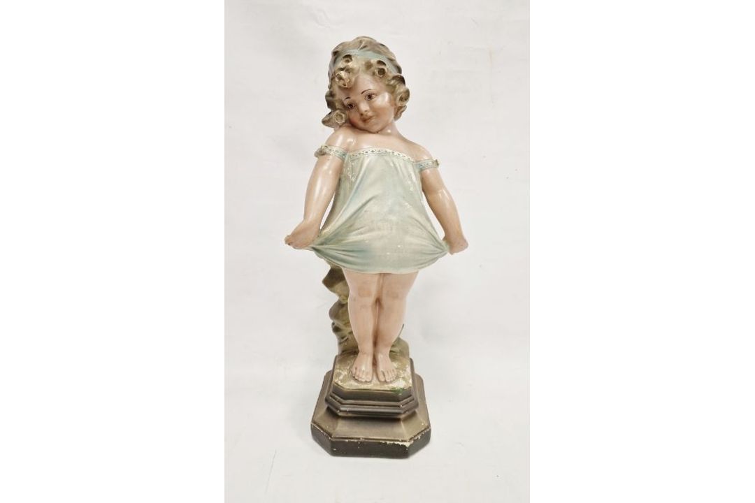 Early to mid-20th century painted plaster figure of a Shy Girl, incised 114 to reverse, modelled - Image 1 of 3