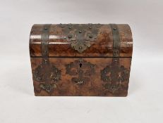 Mid-Victorian arched topped, brass bound figured walnut stationery chest (dividers missing), 23cm