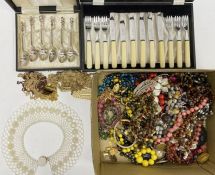 Quantity of costume jewellery to include beaded necklaces, etc, set of six foreign silver-coloured