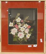 Paper collage of flowers, to include peonies, primula, scabious on a black ground, indistinct