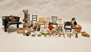 Small quantity of dolls' house furniture, miniature wheelbarrow, miniature teddy bears, miniature