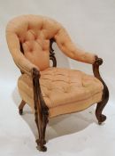 Victorian buttonback nursing chair with mahogany frame, on castors