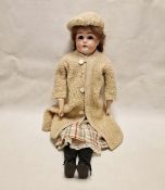 J. D. Kestner bisque shoulderhead doll, no.166, having brown sleeping eyes, open mouth, leather