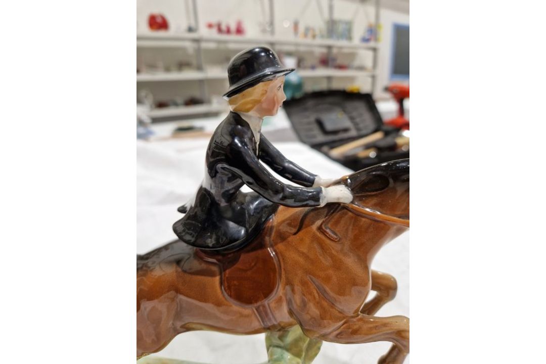 Beswick pottery model of a horse and rider jumping a fence, printed black marks, the female rider - Image 11 of 17