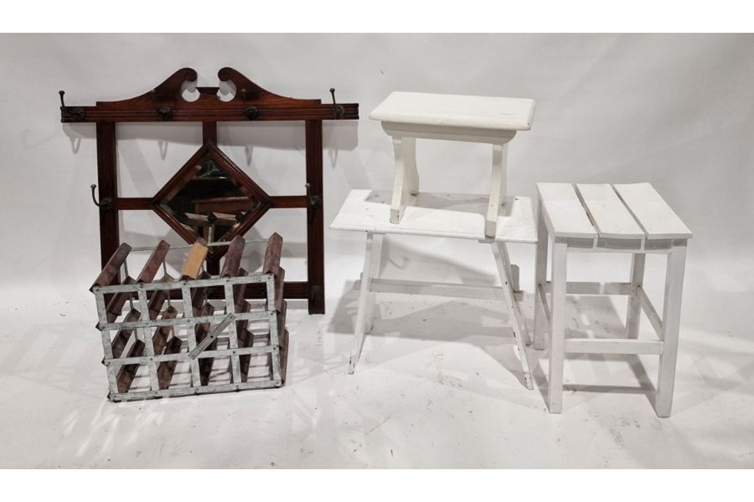 Two white painted occasional tables, a white painted stool, a wine rack and a wall hanging hat stand