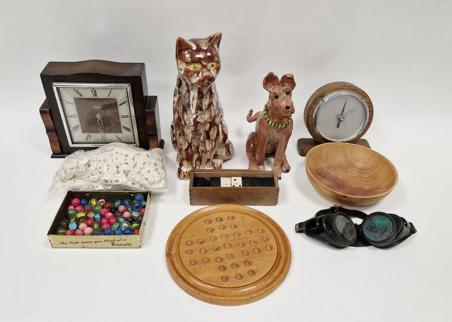 Shooting stick, solitaire board with marbles, vintage goggles with green lenses and other