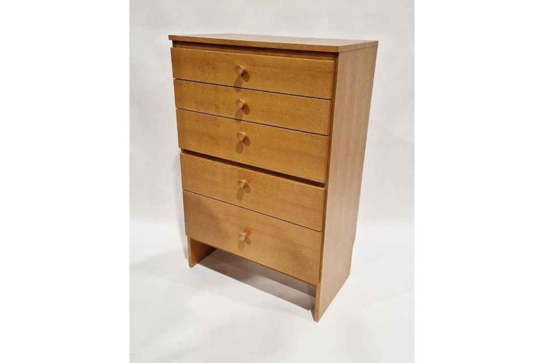 Teak chest of five drawers with turned knob handles, on straight supports, 71cm wide approx.