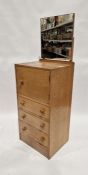 Mid-20th century oak dressing chest having square mirror, cupboard above three drawers with turned