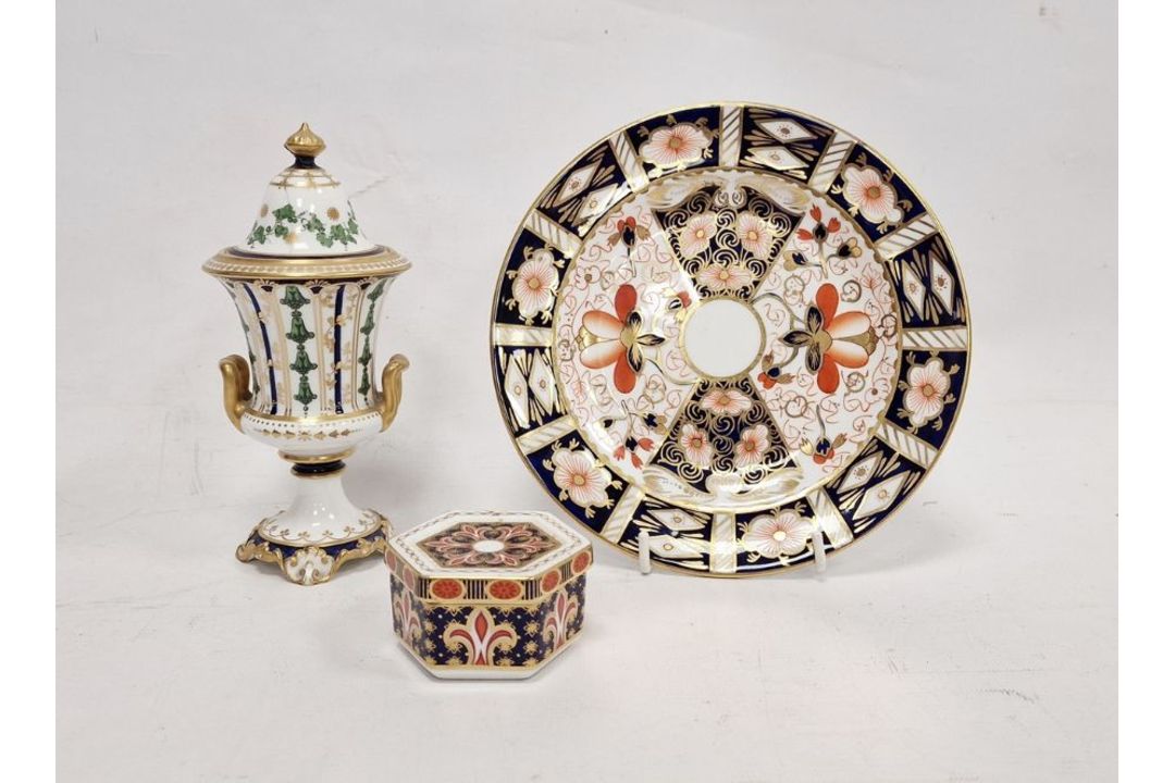 Royal Crown Derby porcelain campana vase, two-handled and lidded, 17cm high (damage to cover), a - Image 1 of 4