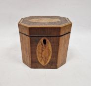 Georgian elongated octagonal tea caddy, variously veneered with boxwood and other stringing, with
