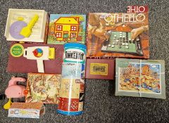 Two boxes of children's games and puzzles to include Snow White block puzzle, The Original Tinkertoy
