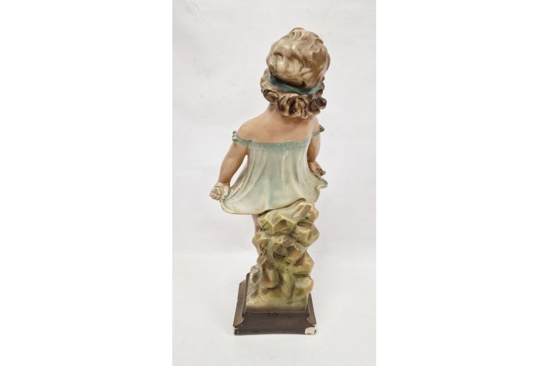 Early to mid-20th century painted plaster figure of a Shy Girl, incised 114 to reverse, modelled - Image 2 of 3