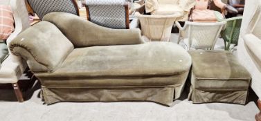 Green upholstered chaise longue with matching square footstool