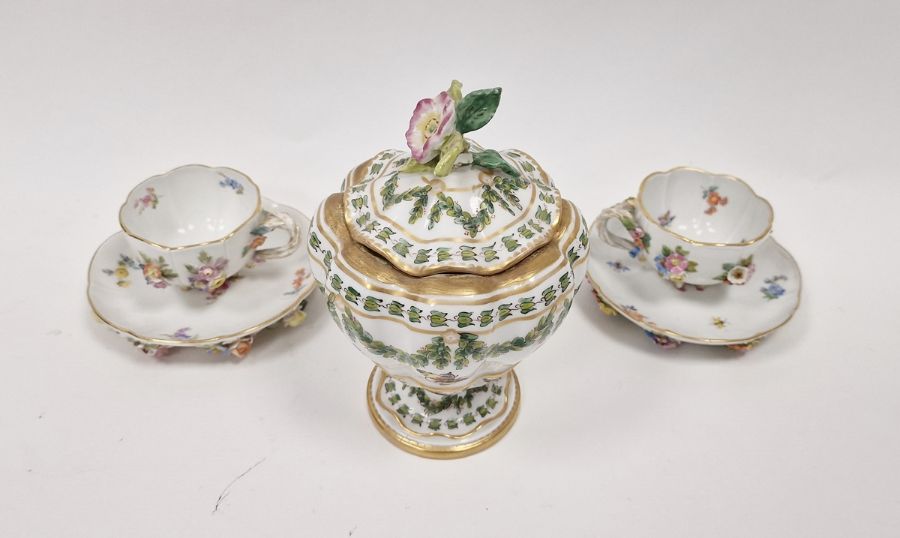 Two Meissen flower encrusted cabinet cups and saucers and a Continental porcelain lobed vase and - Image 2 of 14
