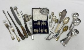 Assorted silver and silver plated flatware to include two silver teaspoons, silver napkin rings
