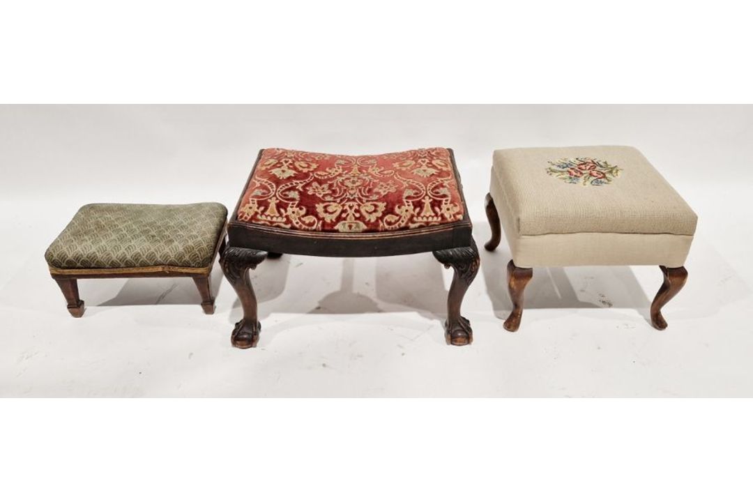 Beige square upholstered footstool, floral decorated, a 19th century stained rectangular footstool