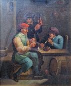 Continental School Oil on copper x 3 Scenes in a Tavern - gentleman smoking clay pipes, playing dice