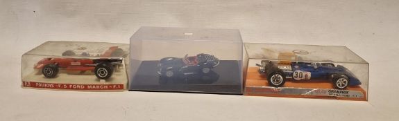 Three cased diecast model cars to include Autoart Jaguar XKSS, Mattel Mebetoys 6674 Grand Prix
