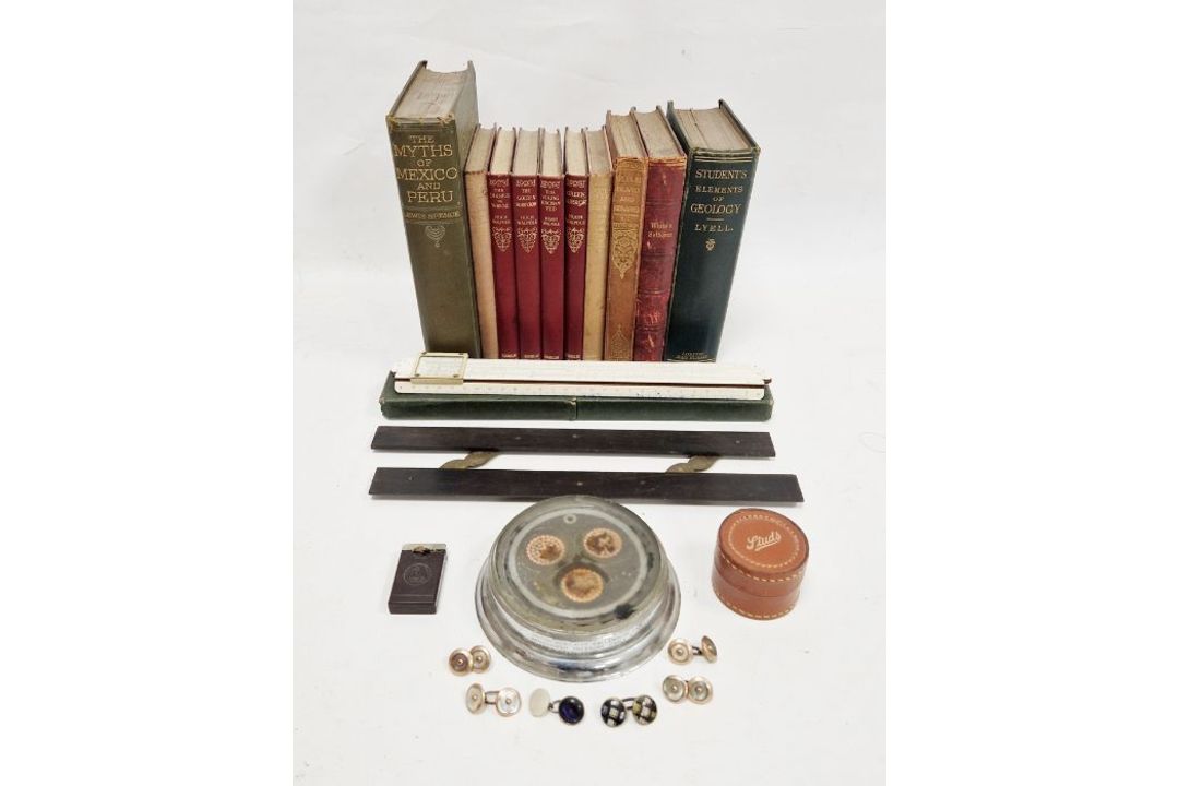 Slide rule, quantity books to include the Myths of Mexico and Peru and other items