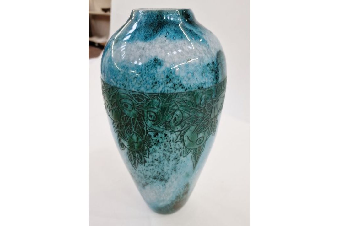 1930's Legras glass vase of tapering form, mottled blue/turquoise ground, stained etched floral - Image 3 of 3