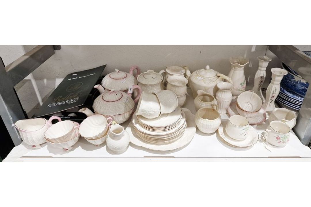Collection of Belleek porcelain tea wares, including a boxed Shamrock pattern miniature tea service, - Image 1 of 4
