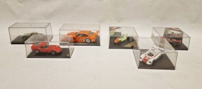 Six cased diecast model cars to include Kyosho 1:43 scale Ferrari 250 GTO,Kyosho Lotus Elan, Fly Car