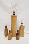 Large lightwood turned cylindrical table lamp, the base 38cm high, another smaller shaped