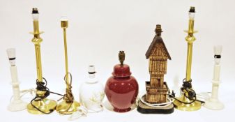 Pair of brass coloured brushed metal table lamps, pair of white ceramic table lamps, a single