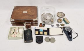 Victorian mahogany wooden box enclosing various measuring tools, pencils, etc with inlay to lid '
