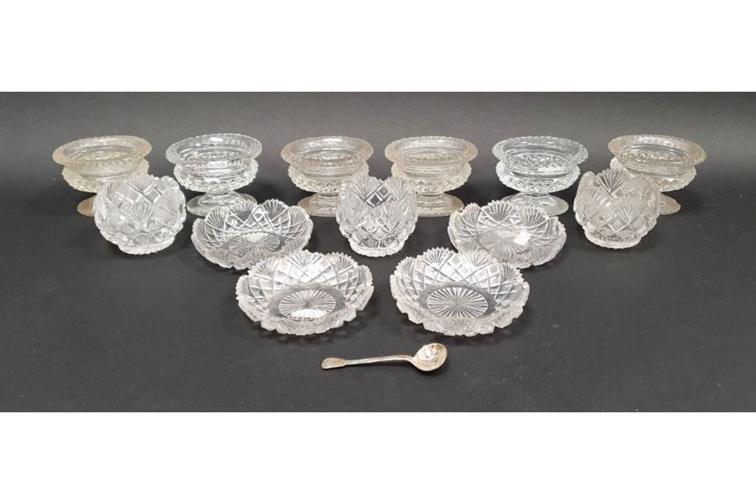 Cut glass tableware including three globular hobnail and fan cut salts, six 19th century cut glass