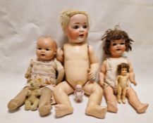 Koppelsdorf German 1330 A3M doll, four other dolls and a teddy bear in a vintage suitcase