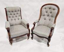 Victorian mahogany button-back armchair with carved lion mask to arm rests, on castors, a