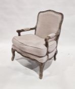 20th century empire- style stained wood open armchair in grey French linen upholstery  ( not