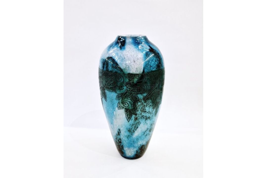 1930's Legras glass vase of tapering form, mottled blue/turquoise ground, stained etched floral - Image 1 of 3