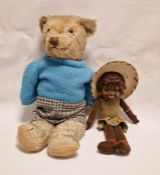 Norah Wellings brown felt girl doll in straw hat, 36cm high and a gold plush teddy bear with straw-