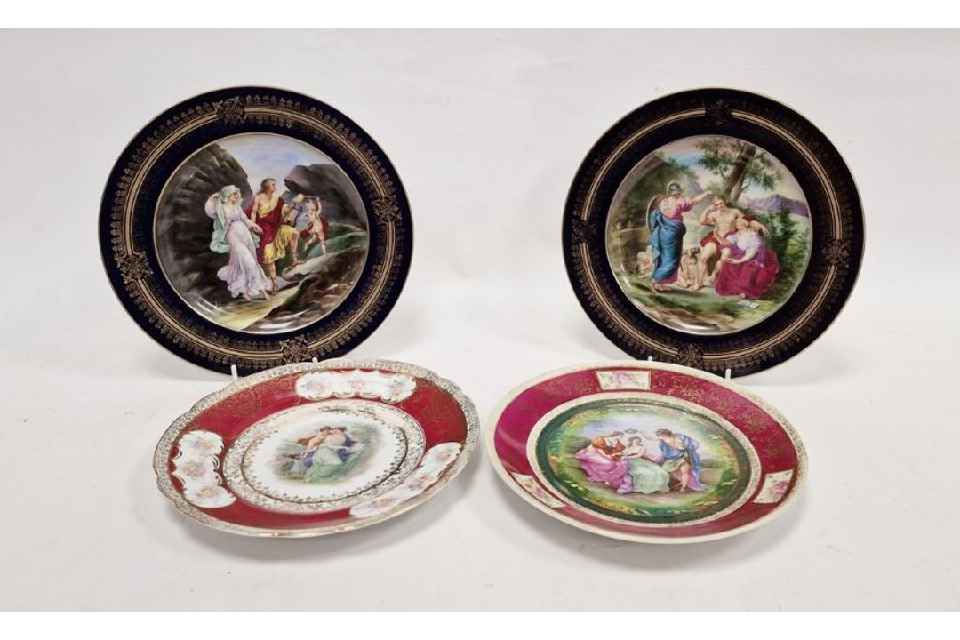 Pair of Vienna-style porcelain plaques, each having central allegorical scene of figures in - Image 1 of 4