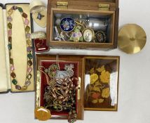 Quantity of costume jewellery to include beaded necklaces, micro-mosaic brooch, compact (1 box)